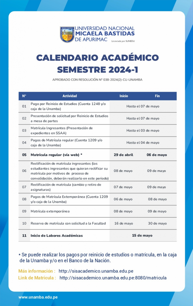 CALENDARIO DEL SEMESTRE ACADÉMICO 2024 - 1