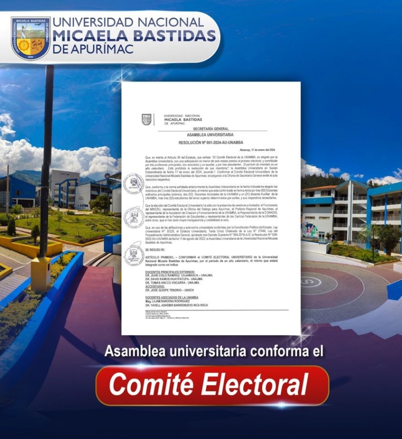 Secretaría General notifica Resolución de conformación del Comité electoral Universitario de la UNAMBA