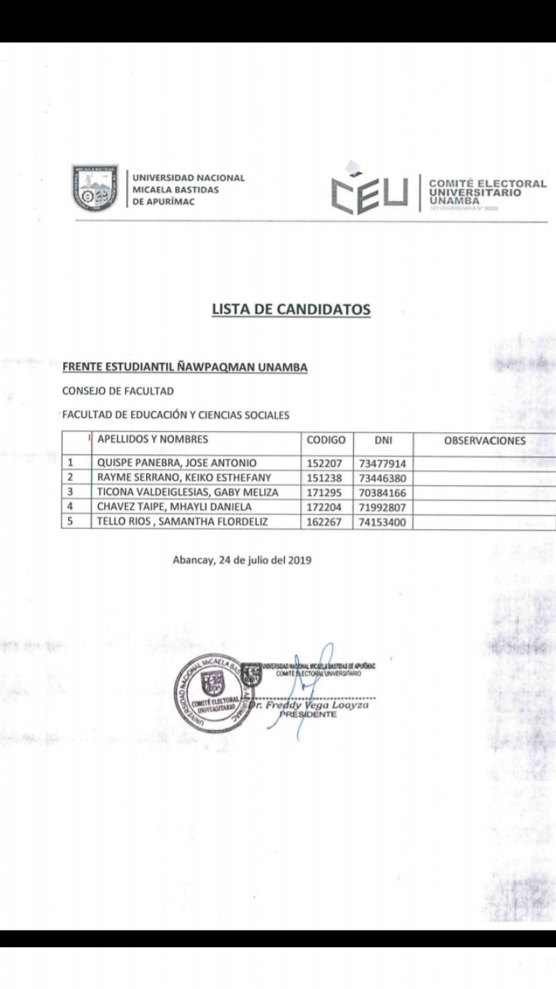 Lista de inscritos en Elecciones Complementarias para representantes estudiantiles ante los Órganos de Gobierno
