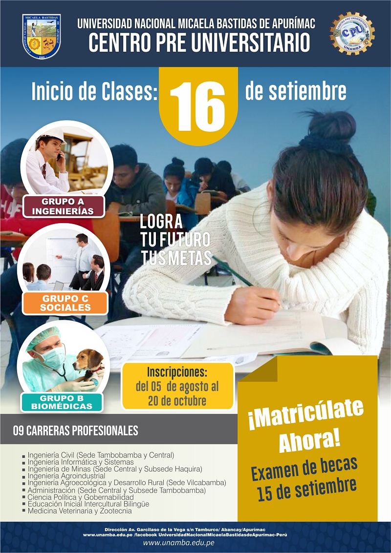 Centro Pre Universitario CPU-UNAMBA, inicio de clases 16 de setiembre.