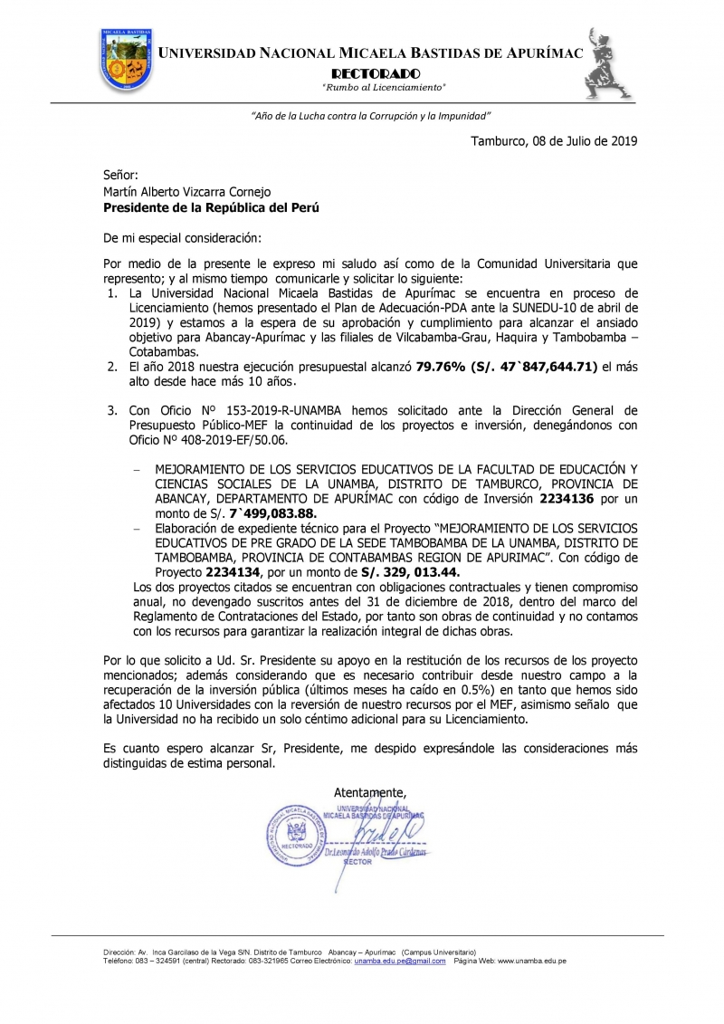 Carta al Presidente de la República del Perú, Martín Alberto Vizcarra Cornejo