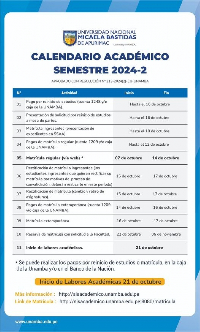 CALENDARIO ACADÉMICO SEMESTRE 2024-2 - UNAMBA