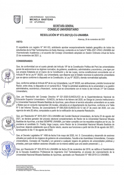 UNAMBA: Aprueban traslado geográfico de estudiantes de Ingeniería Civil de la filial Tambobamba a la sede Abancay