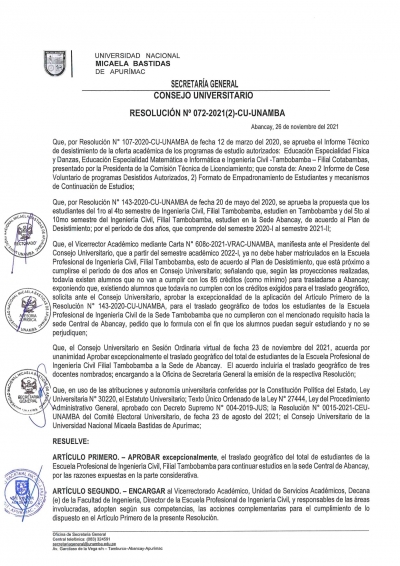 UNAMBA: Aprueban traslado geográfico de estudiantes de Ingeniería Civil de la filial Tambobamba a la sede Abancay