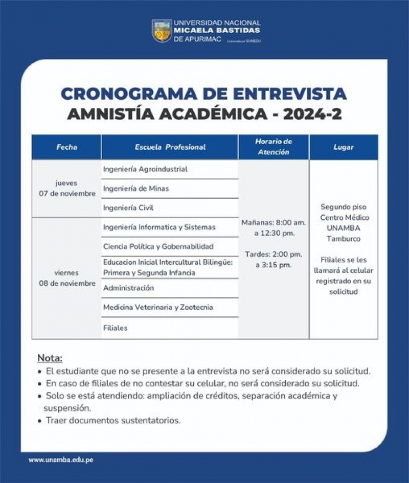 Cronograma de Entrevista - AMNISTÍA ACADÉMICA Semestre 2024-2