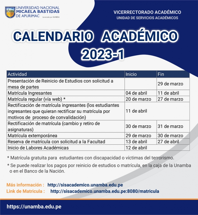 CALENDARIO ACADÉMICO 2023-1 - inicio de clases el 12 de abril