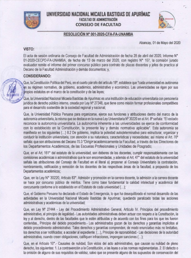 Resolucion N°001-2020-CFA-UNAMBA