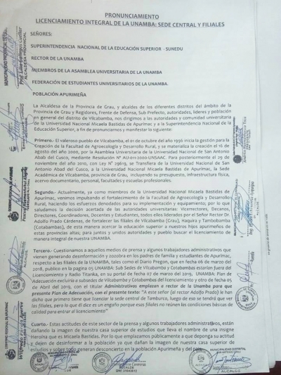 Pronunciamiento de Autoridades y Sociedad Civil de la Provincia de Grau-Apurímac, en respaldo al Proceso de Licenciamiento de la UNAMBA