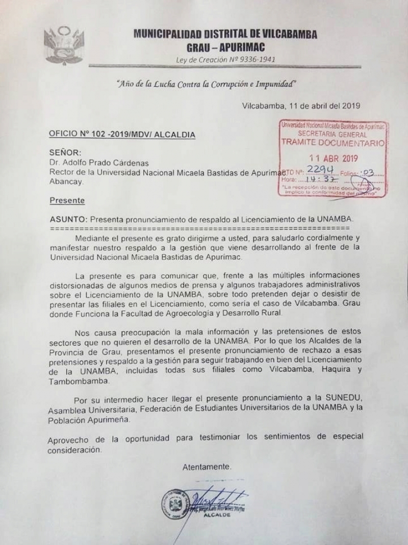 Pronunciamiento de Autoridades y Sociedad Civil de la Provincia de Grau-Apurímac, en respaldo al Proceso de Licenciamiento de la UNAMBA