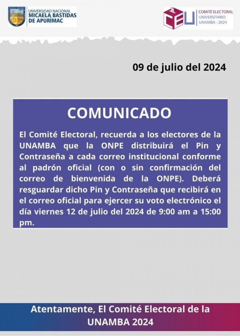 PIN y CONTRASEÑA - Elecciones Generales Universitarias UNAMBA 2024
