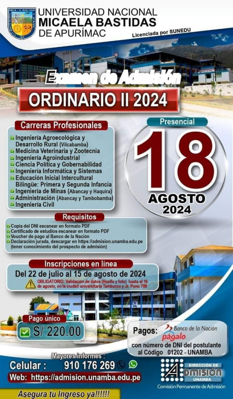 Convocatoria a Examen de Admisión Ordinario 2024 - 2