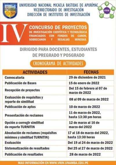 &quot;IV Concurso de proyectos de investigación científica y tecnológica para docentes&quot;y“IV Concurso de investigación científica y tecnológica de proyectos de tesis de pre y posgrado&quot; financiados con fondos de canon, Sobrecanon y Regalías Mineras