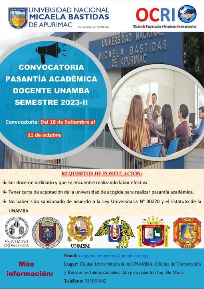 Convocatoria a Pasantía Académica DOCENTE UNAMBA 2023-2