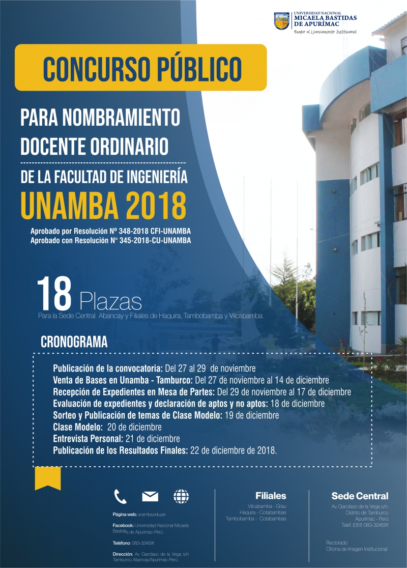 Concurso Público para Nombramiento de Docente Ordinario de la Facultad de Ingeniería UNAMBA-2018