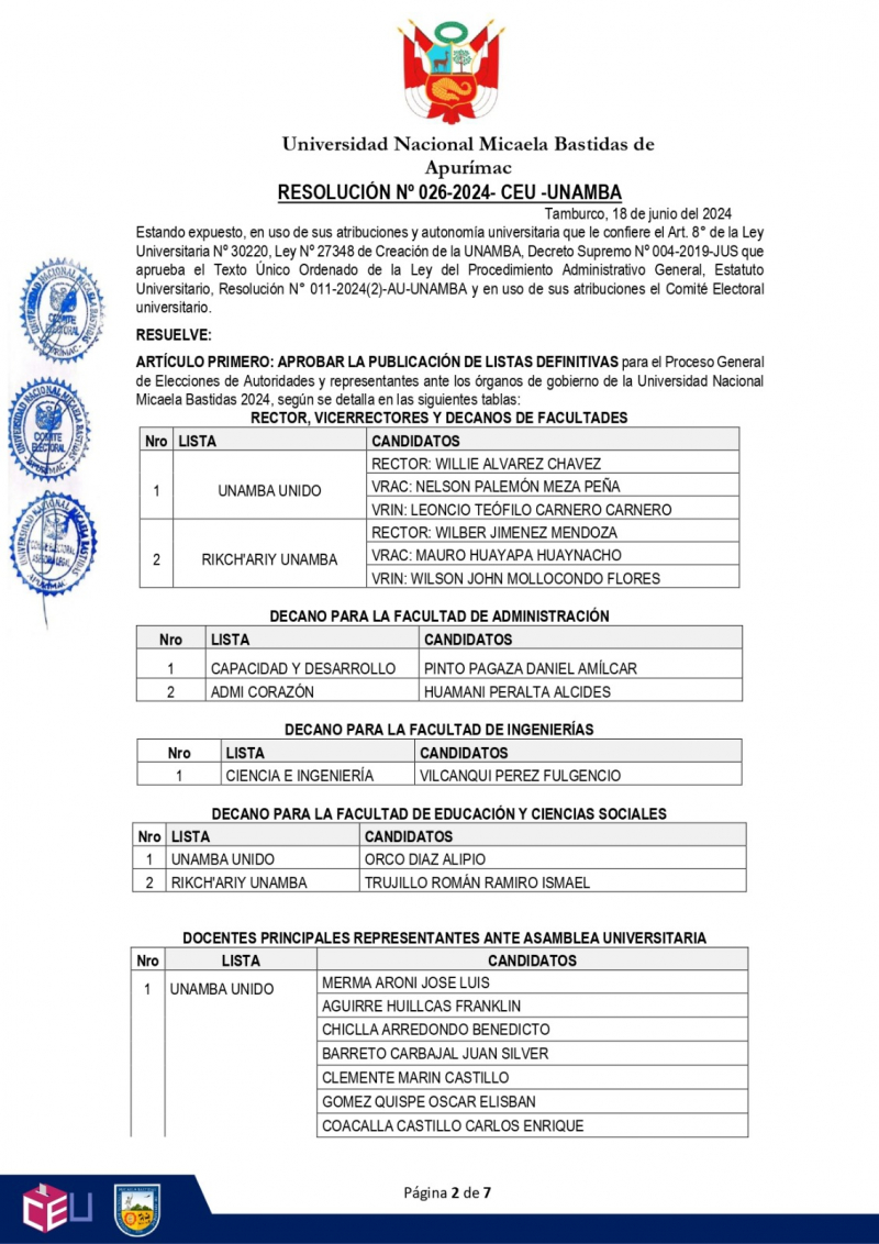 CEU UNAMBA publica listas definitivas de candidatos para las Elecciones Generales Universitarias 2024