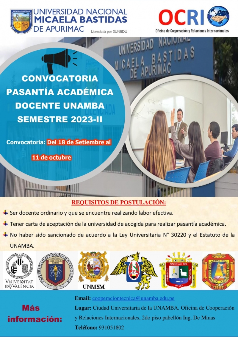 Convocatoria a Pasantía Académica Docente UNAMBA 2023