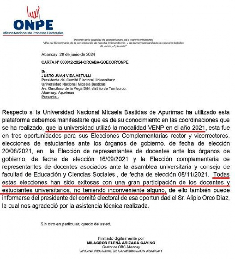 ONPE Informa la utilización de la plataforma VENP ONPE en tres oportunidades en la UNAMBA