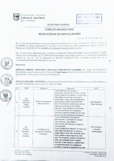 Concurso Público para Nombramiento de docentes UNAMBA 2019, Facultad de Administración (Sede Central y Filial Tambobamba).