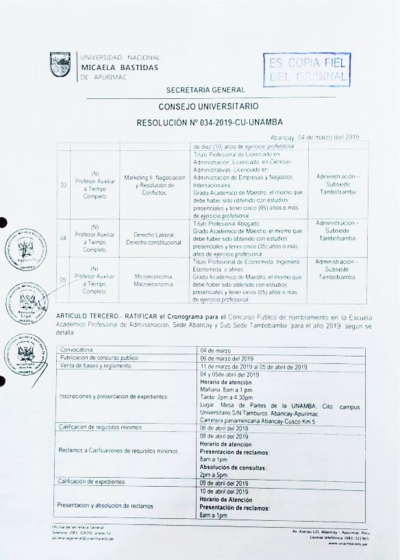 Concurso Público para Nombramiento de docentes UNAMBA 2019, Facultad de Administración (Sede Central y Filial Tambobamba).