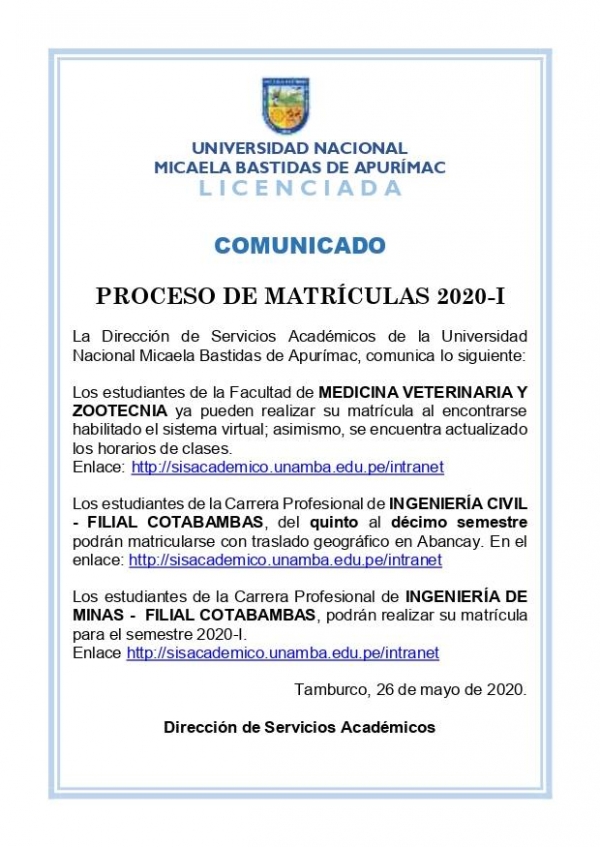 Proceso de Matriculas 2020-I