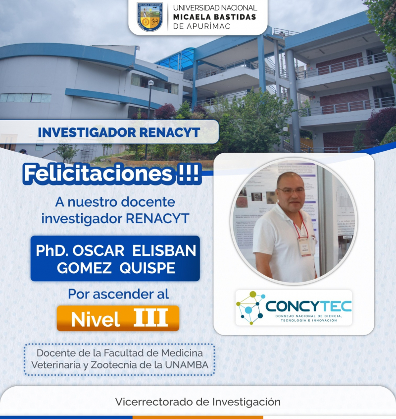 Docente investigador Renacyt PhD. Oscar Elisbán Gómez Quispe asciende al Nivel III