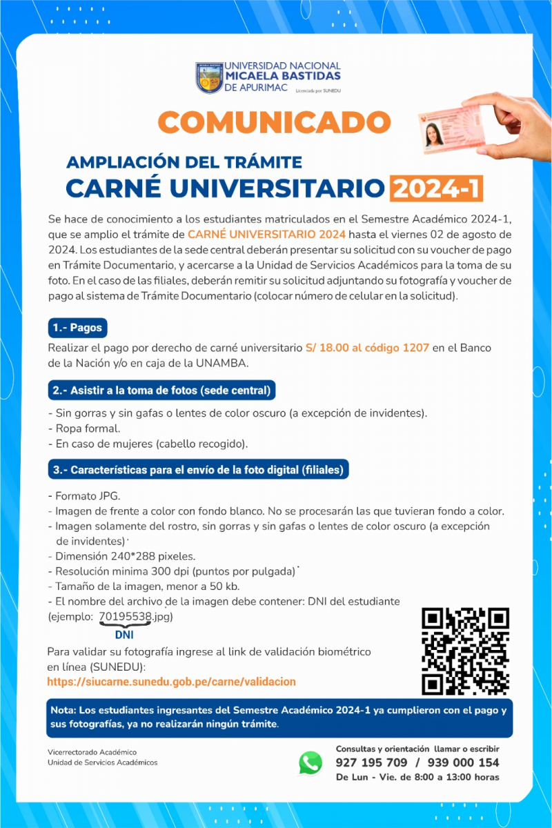 Ampliación de plazo para trámite de Carné Universitario 2024-1