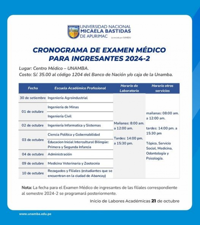 Cronograma de Examen Médico para Ingresantes 2024-2