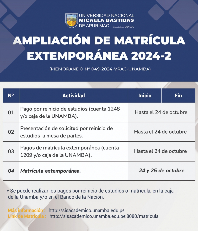 AMPLIACIÓN DE MATRÍCULA EXTEMPORÁNEA 2024 – II