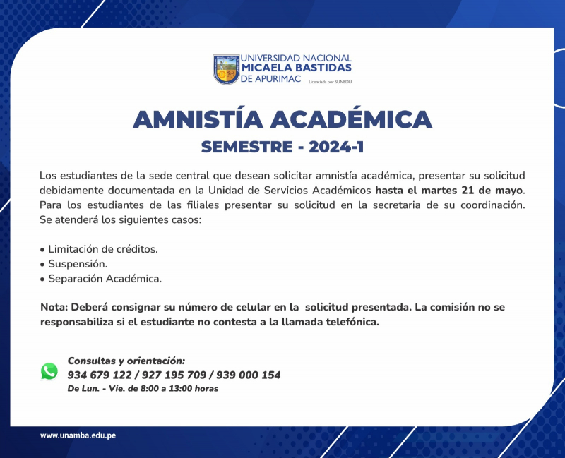UNAMBA: Amnistía Académica en el semestre 2024-1