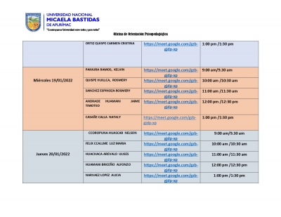 Horarios de Atención del Servicio de Psicopedagogía para Estudiantes Becarios en Riesgo 2021-II de las Diferentes E.A.Ps