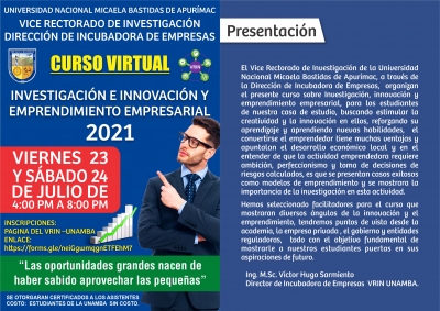 Curso taller virtual &quot;INVESTIGACIÓN E INNOVACIÓN Y EMPRENDIMIENTO EMPRESARIAL 2021&quot;