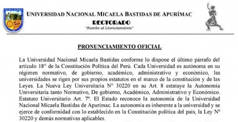 Pronunciamiento Oficial de la Universidad Nacional Micaela Bastidas de Apurímac