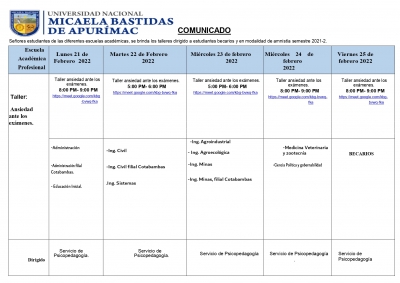 HORARIO DE LOS TALLERES DEL SERVICIO DE PSICOPEDAGOGÍA PARA ESTUDIANTES CON MATRICULA CONDICIONADA Y BECARIOS SEMESTRE 2021-II