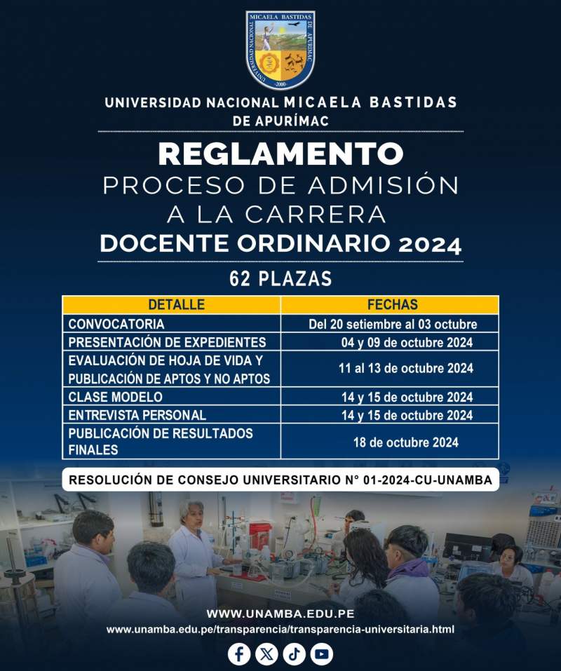 CONVOCATORIA Reglamento del proceso de admisión a la carrera docente ordinario 2024