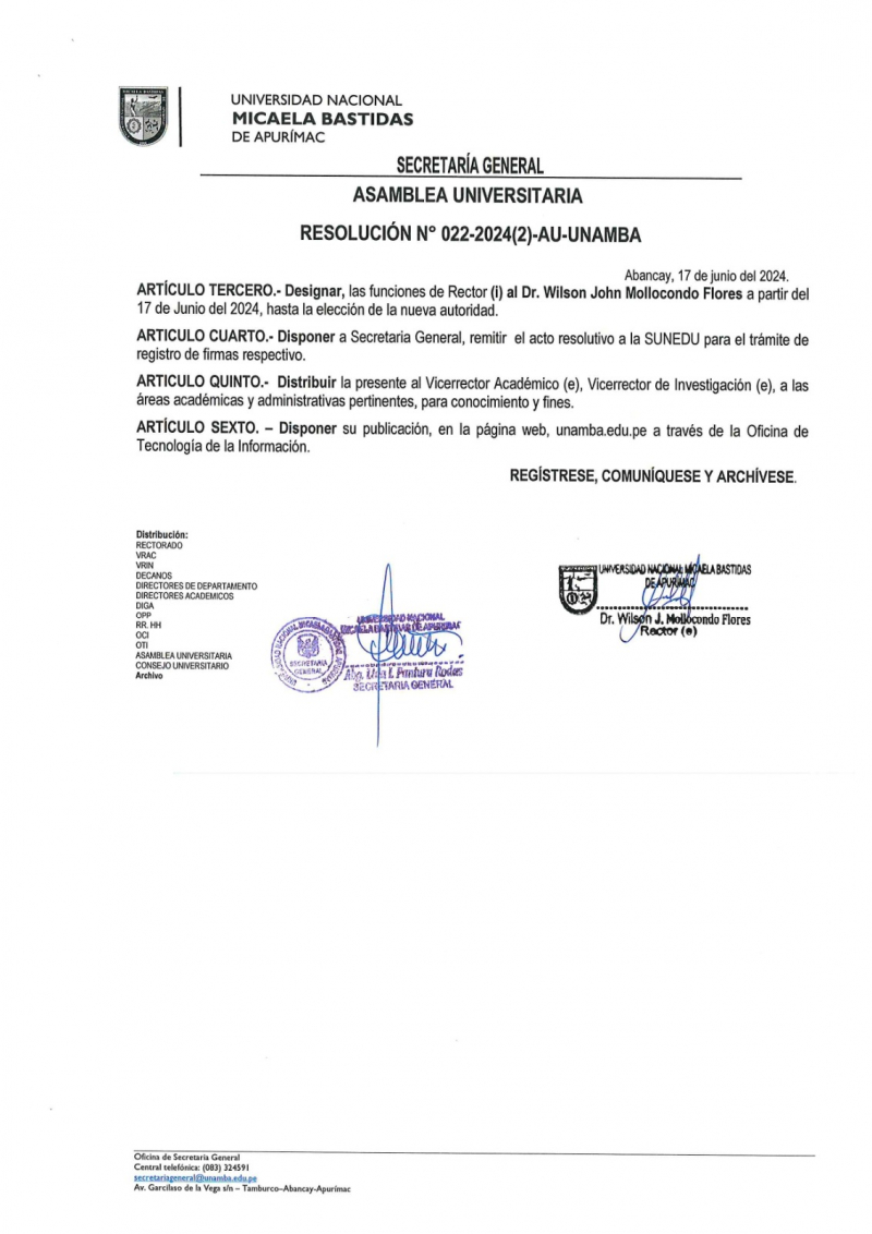 Asamblea Universitaria designa como nuevo rector interino de la UNAMBA al Dr. Wilson Mollocondo Flores
