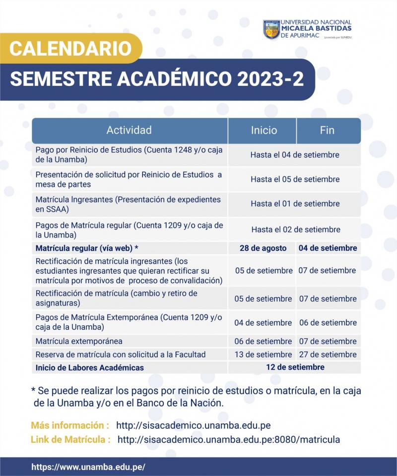CALENDARIO DEL SEMESTRE ACADÉMICO 2023-2